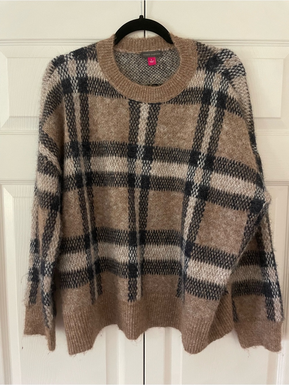 Vince Camuto Tan, Navy and Cream Plaid Fuzzy Crewneck Sweater